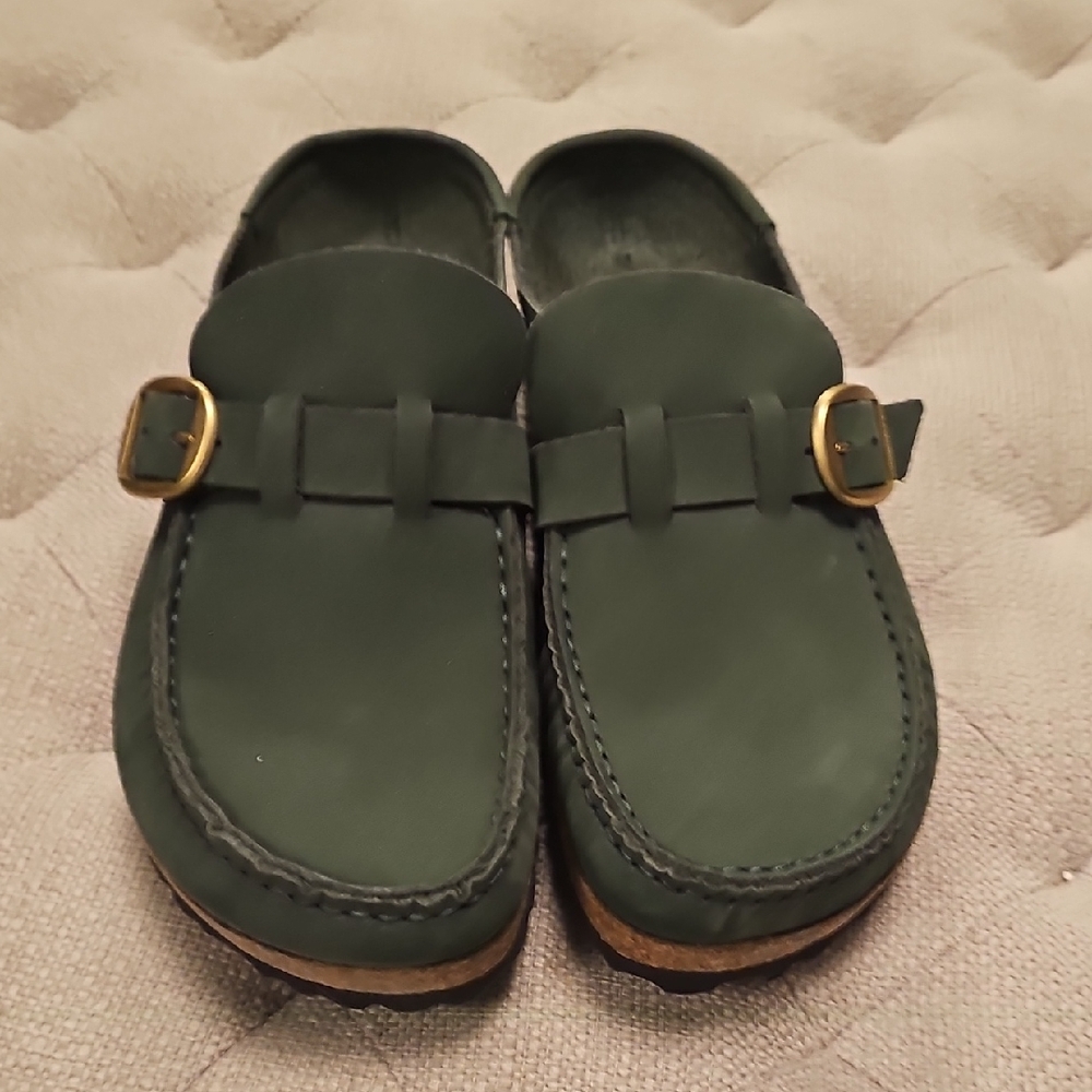 Birkenstock Green Mules with Gold Buckle